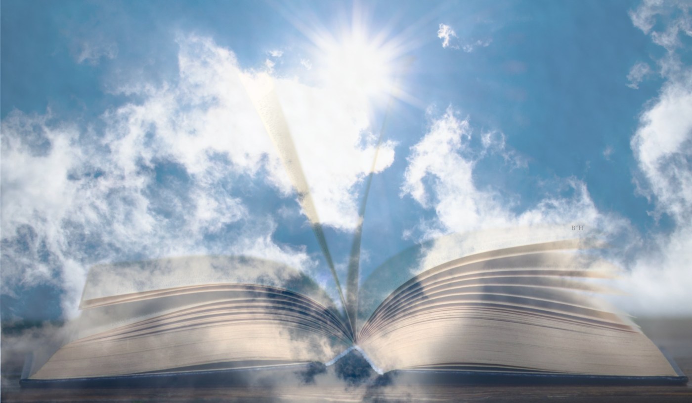 open book on blue sky and clouds. Learning from religion
