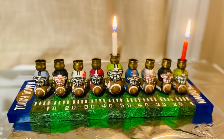 kid's chanukah menorah, football theme