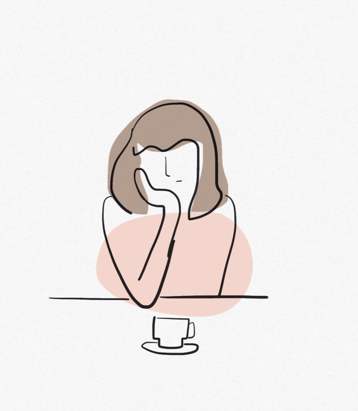 woman with cup of coffee thinking, line art