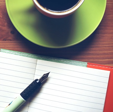 journaling art therapy, pen, notebook, cup of coffee